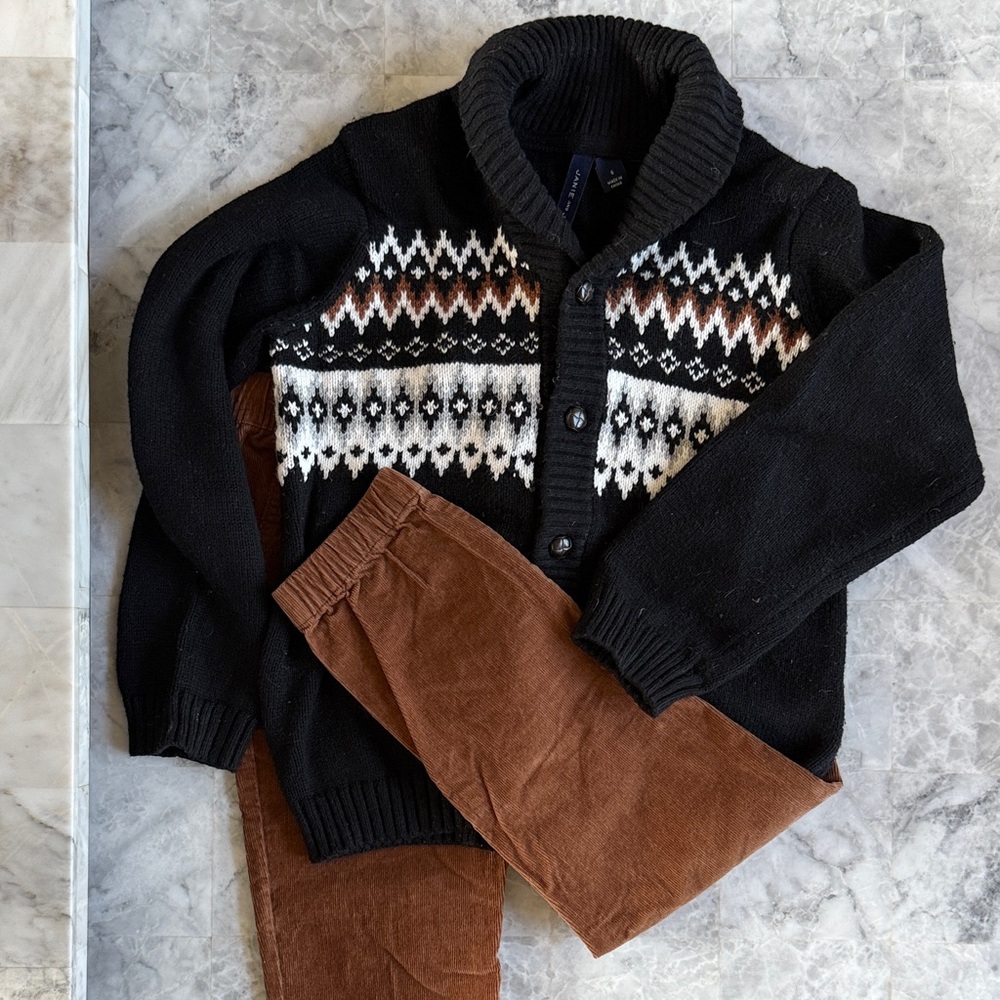 Black and White Patterned Cardigan with Brown Pants